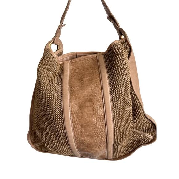 Talbot’s Tan Satchel Leather and Knit Large Handbag - Picture 1 of 6
